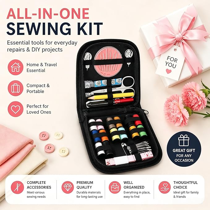 JANREAY Sewing Kit for Adults Travel, Small Sewing Kit for Beginners, Travelers, Emergency Mini Needle and Thread Kit with 14 Thread Spools, Needles, Threader, Scissors,Tape Measure, Buttons