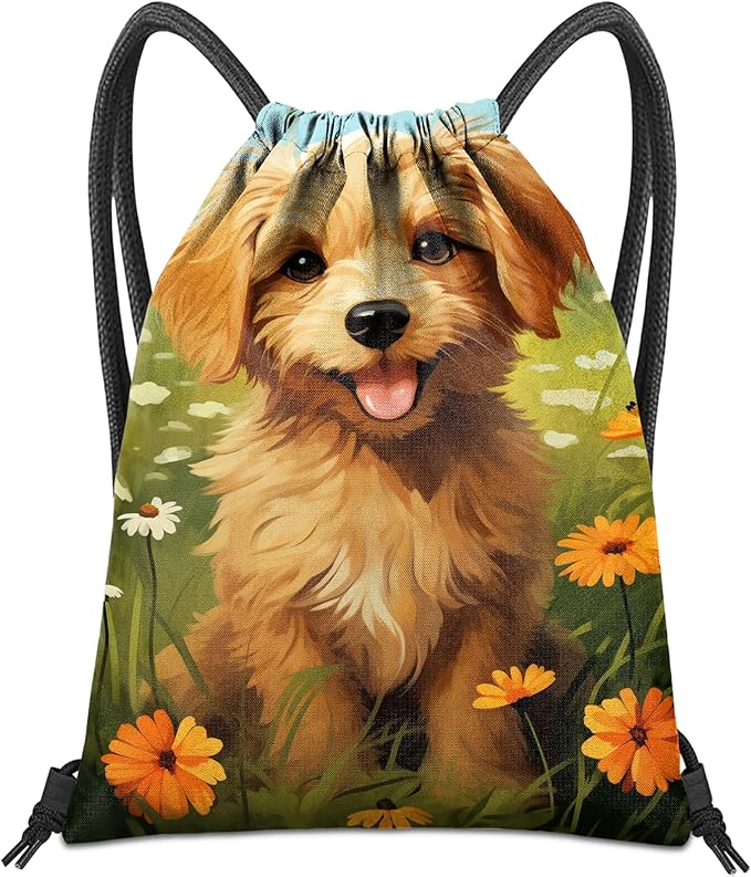 Drawstring Backpack for String Bag Waterproof Cute Sports Beach Swimming Travel (13"×17")-Dog