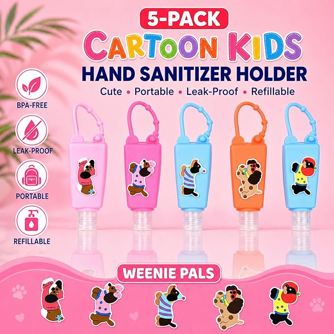 5-Pack Cartoon Kids Hand Sanitizer Holder, 30ml Travel Size Refillable Bottles with Silicone Case, Leak-Proof Portable Containers for Lotion & Liquid Soap (Cool Pup)