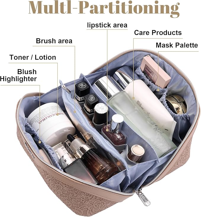 BOYATU Travel Makeup Bags Cosmetic Organizer Bag: 3-Set Large Capacity Make up Bag - PU Leather Toiletry Bags for Women - Wide Open Portable Pouch with Divider & Handle (A-Tan)