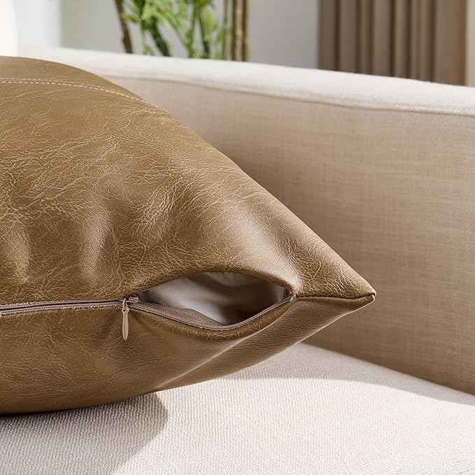 Fancy Homi Light Brown Boho Long Lumbar Faux Leather Decorative Throw Pillow Covers 20x12 Inch for Living Room Couch Bed Sofa, Hand Stitched Rectangle Cushion Case, Rustic Modern Farmhouse Home Decor
