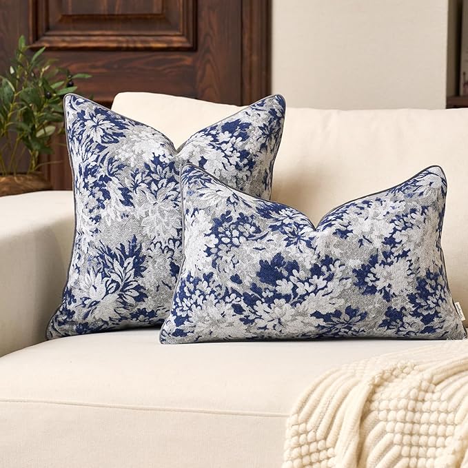 Yangest Neutral Floral Pillow Cover 12 x 20 Inches, Vintage Chenille Rectangle Throw Pillow Cover Soft Decorative Farmhouse Accent Couch Pillow Cover for Living Room Bedroom, Blue