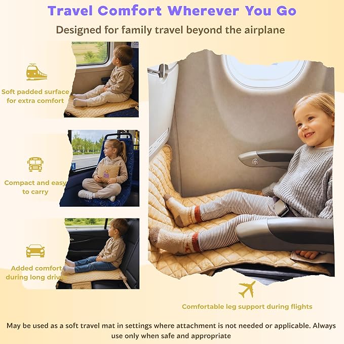 Toddler Airplane Footrest for Travel – Airplane Seat Extender for Kids with Soft Cushioned Support, Natural Cotton Surface, Adjustable Straps & Travel Pouch – Comfortable Leg Support for Flights