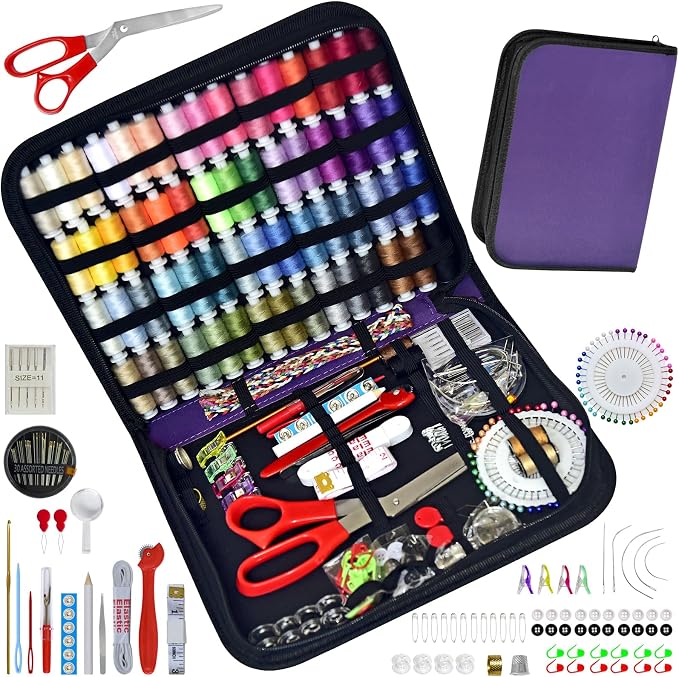 Sewing Kit with Case Portable Sewing Supplies for Home Traveler, Adults, Beginner, Emergency, Contains 60 Sewing Thread, Scissors, Needles, Measure etc（Dark Violet，XL)