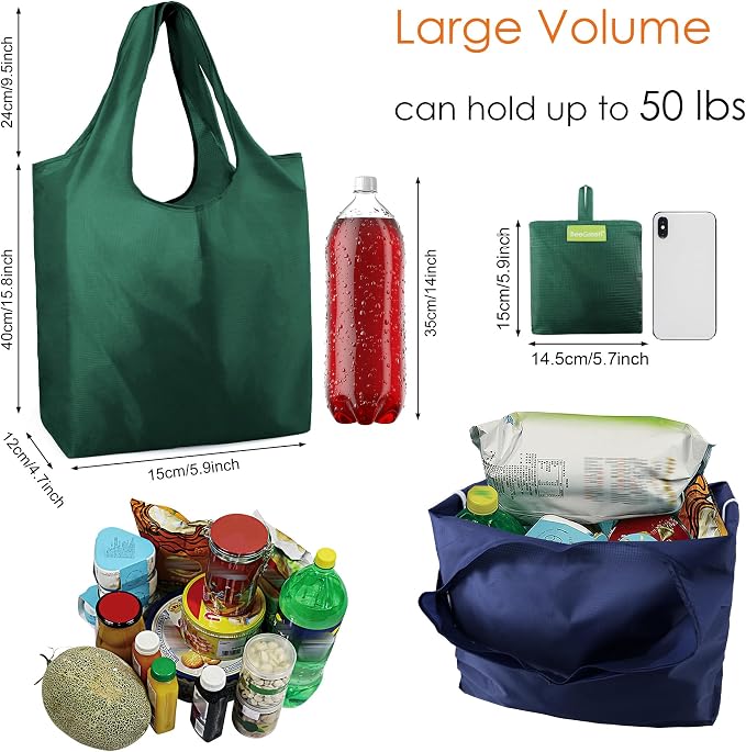 BeeGreen Reusable Bags Tote Bags for Women - 6 Pack Bulk Extra Large Reusable Gifts Bag with Handles - Heavy Duty Foldable Machine Washable Travel Grocery Bag Organizer (Packable Shopping Bags)