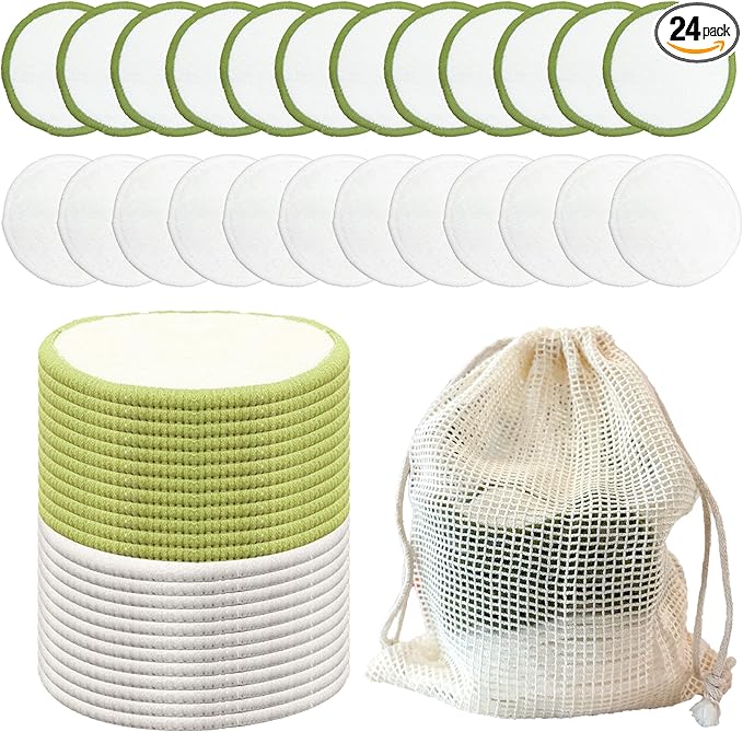 Chloven Reusable Makeup Remover Pads 24 Pack - Washable Eco-Friendly Bamboo Velour Pads for All Skin Types,Bamboo Reusable Cotton Rounds for Toner, with Cotton Bag and Round Box for Storage