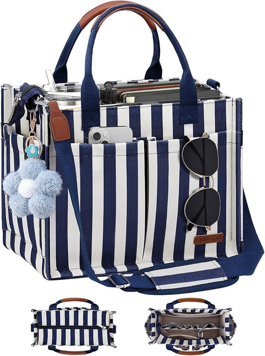 FIORETTO Womens Canvas Tote Bag Purse with Individual Compartment, Zipper Top, Reinforced Bottom & Luggage Sleeve