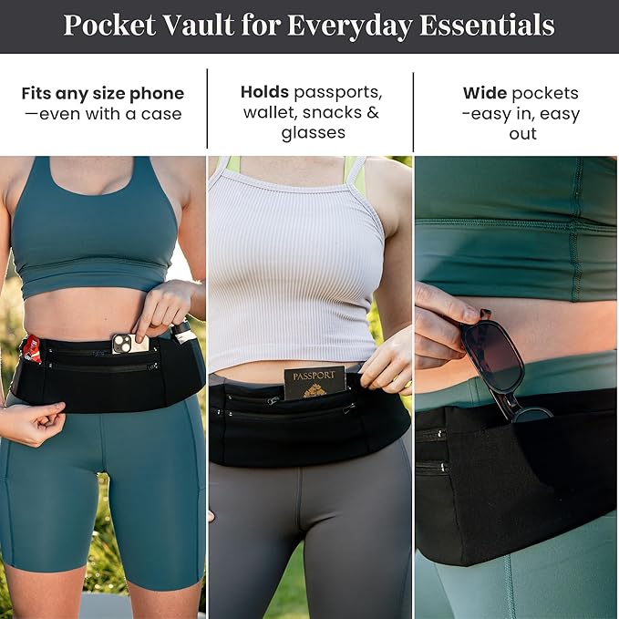 StashBandz Running Belt with Water Bottle Pocket – Adjustable No-Bounce Waist Pack, 3 Zippered Pockets & Key Clip, Sports Fanny Pack & Travel Money Belt, Fits Any Size Phone, Passport & More
