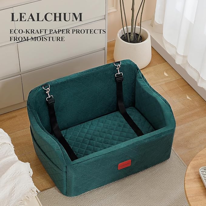 Lealchum Dog Car Seat for Medium/Large Dogs,2 Clip-On Safety Leashs for 2 Small Dogs,Removable and Washable Comfy Pet Car Seat,Easy to Install and Clean (Green, Large)