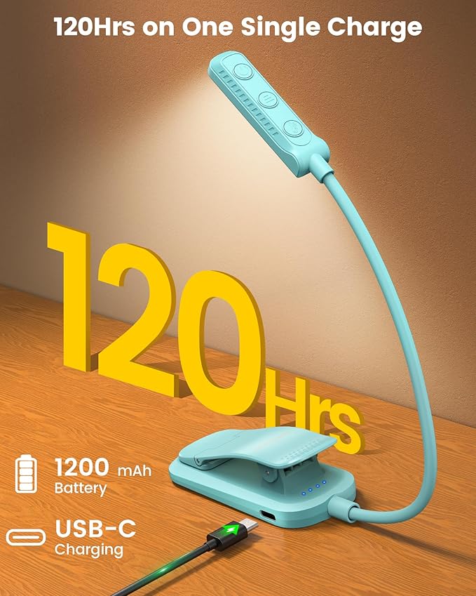 Glocusent 13 LED Rechargeable Book Light for Reading at Night, Eye-Caring 3 Amber Colors & Stepless Dimming, Lasts 1 Week to 2 Months, Travel Clip on Lamp, Gifts for Book Lovers, Men, Women & Kids