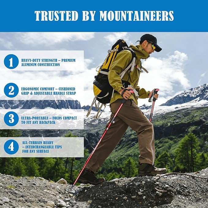 Deepfeel Collapsible Trekking Poles Folding Hiking Poles, Adjustable Height, Lightweight Aluminum Alloy Walking Sticks for Men & Women 2 Packs