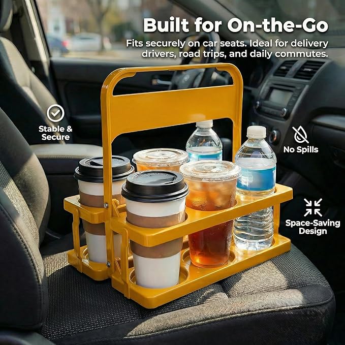 6 Cup Drink Carrier for Delivery - Foldable Drink Holder with Handle, Reusable Cup Carrier for Drinks, Portable Beverage Caddy Accessories for Parties, Camping, Car, Coffee & Bottles (Yellow)