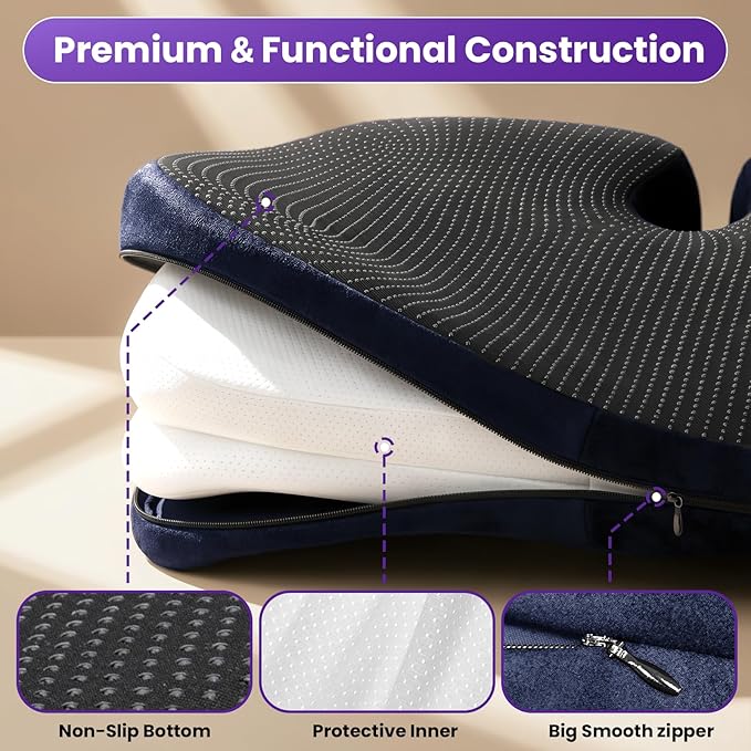 ZZ-WELL Seat Cushions for Office Chairs, Patented Pressure Relief Coccyx Cushion for Tailbone Pain, Memory Foam Butt Pillows for Wheelchair Car Sitting, Carrying Handle, Non-Slip (Navy Blue, Large)