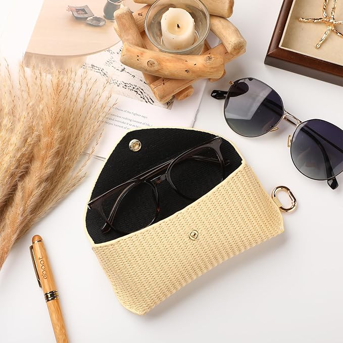 Leinuosen Woven Straw Sunglasses Case with Clip, Hard Shell Boho Rattan Pouch, Portable Travel Beach Accessory for Women Girl