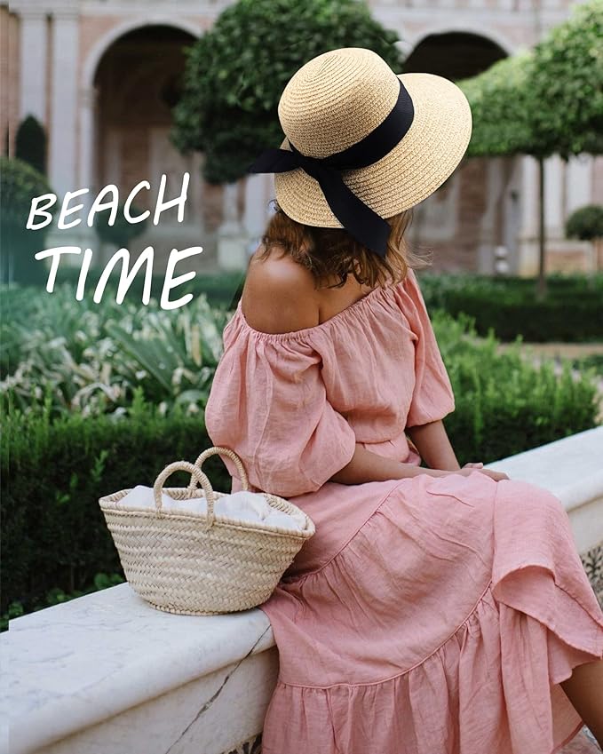 FURTALK Womens Beach Sun Straw Hat UV UPF 80+ Travel Foldable Brim Summer UV Hat