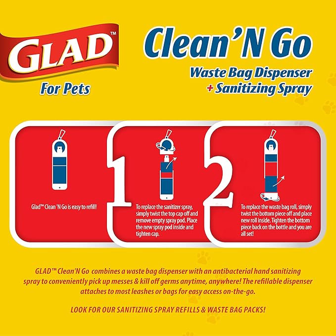 Glad for Pets Clean & Go Waste Bag Dispenser & Antibacterial Soothing Aloe Hand Sanitizer Spray | With Poop Bag Holder, 15 Bags in Tropical Breeze Scent & Mini Hand Sanitizer (Pack of 2)