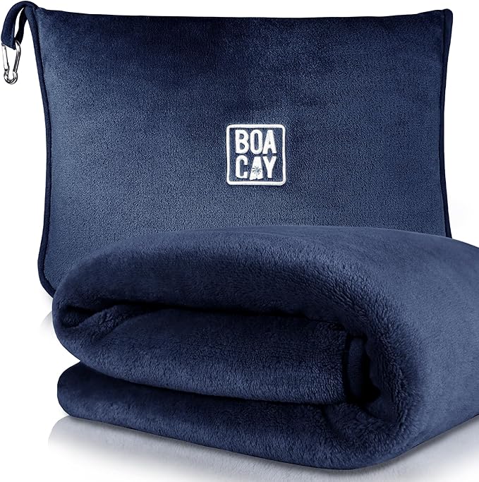 BOACAY Soft & Warm Travel Blanket for Airplane & Car - Long Flight Essential for Women, Men, Kids - Compact Pillow with Luggage Sleeve & Backpack Clip