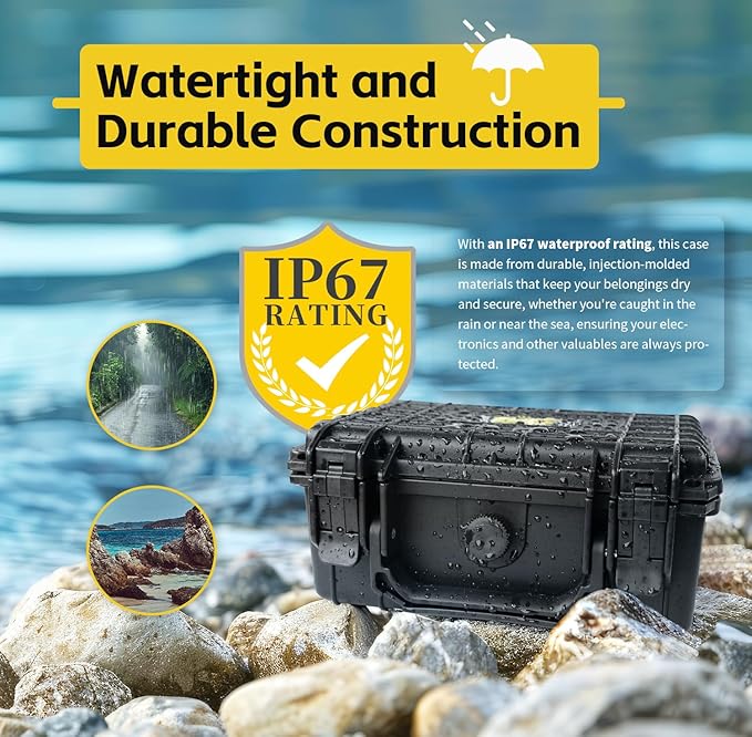 MaxWorks 51015 Waterproof Hard Case IP67 – Protective Foam Interior, Fits 8.5" x 6" x 3.9" Items – Rugged Storage for Camera, Tools, Valuables – 9.1" x 7.6" x 4.4" Exterior, Black