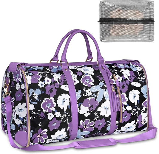 Carry On Garment Bag for Women, Convertible Garment Bag for Travel with Shoe Pouch, Water Resistant Travel Duffel Bag, 2 in 1 Hanging Suitcase Suit Travel Bags Weekender Bag, Floral