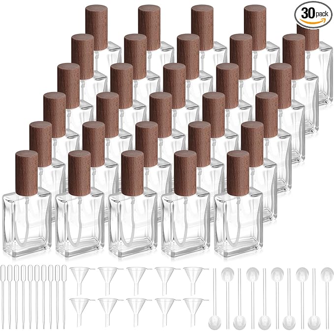 Domensi 30 Pcs 10/15/30/50 ml Glass Perfume Bottles Mini Glass Empty Spray Atomizer Bottles Bulk Refillable Perfume Dispenser Container with Pump Tool for Travel Skin Care (30 ml,Dark Woddy Color)