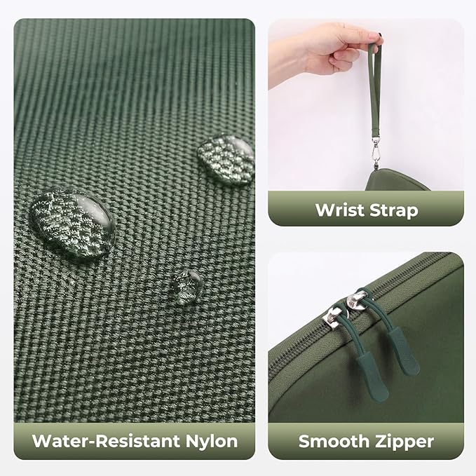 FYY Travel Cable Organizer - 8 Compartments Lightweight Water Resistant Tech Pouch with Wrist Strap, Portable Electronic Accessories Case for Cord Charger Storage for Travel Home Office Green (Large)