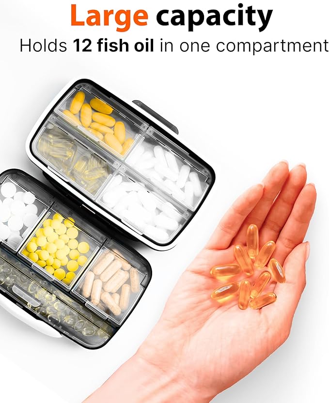 Travel Pill Organizer - Airtight Medicine Case for Traveling Portable Pharmacy Box with Labels Vitamin Container 8 Compartment Supplement Medication Holder Large Capacity Daily (Black)