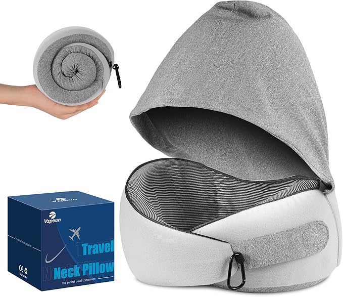 Travel Pillow, Hooded Neck Pillow Airplane for Sleeping, Memory Foam Traveling Pillow for Long Flights, Portable Plane Accessories(Light Gray)