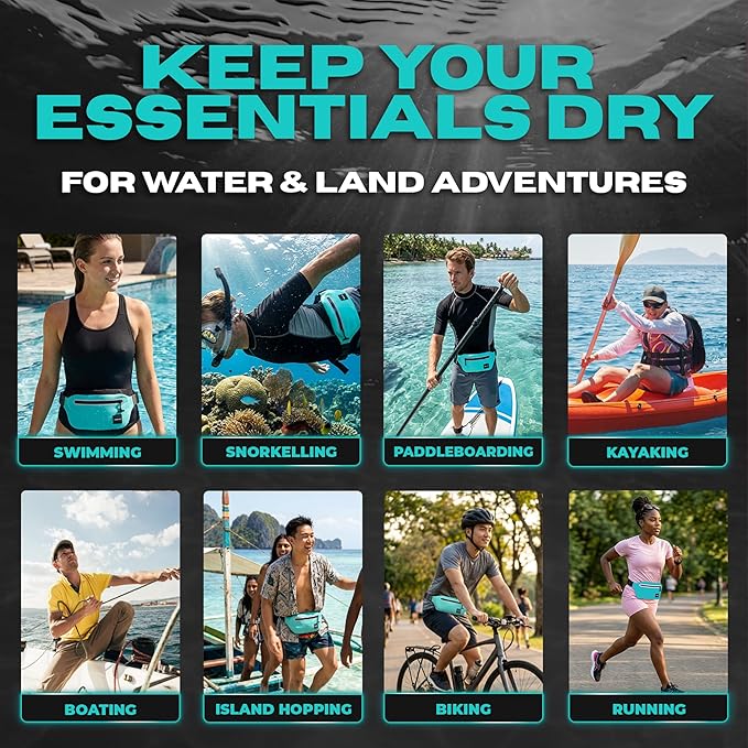 DRENCH 100% Waterproof Fanny Pack Teal – IPX8 Submersible Waterproof Phone Pouch Dry Bag Waist Pack for Kayaking, Snorkeling, Paddle Boarding, Surfing, Boating & Beach Travel Water Sports Gear