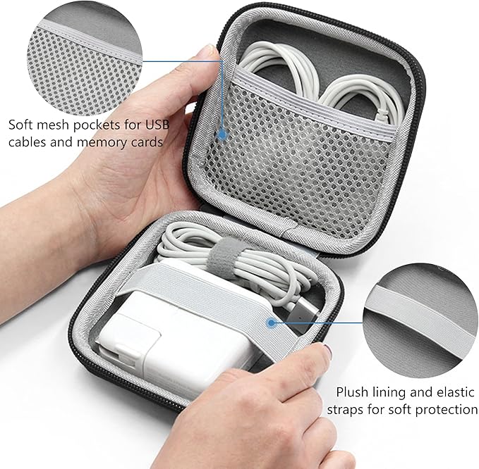 Charger Case for Macbook, Portable Tech Electronic Organizer Bag, Small Travel Storage Pouch for Laptop Accessories, MacBook Power Adapter, Charging Cords, USB Drives, Power Bank (Black PU, M)