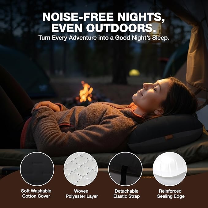Inflatable Camping Pillow - Ultralight Compact Air Pillow for Travel, Backpacking & Hiking - Ergonomic Neck & Lumbar Support - Portable Inflatable Pillow with Removable Washable Cover - (Black 2 Pack)
