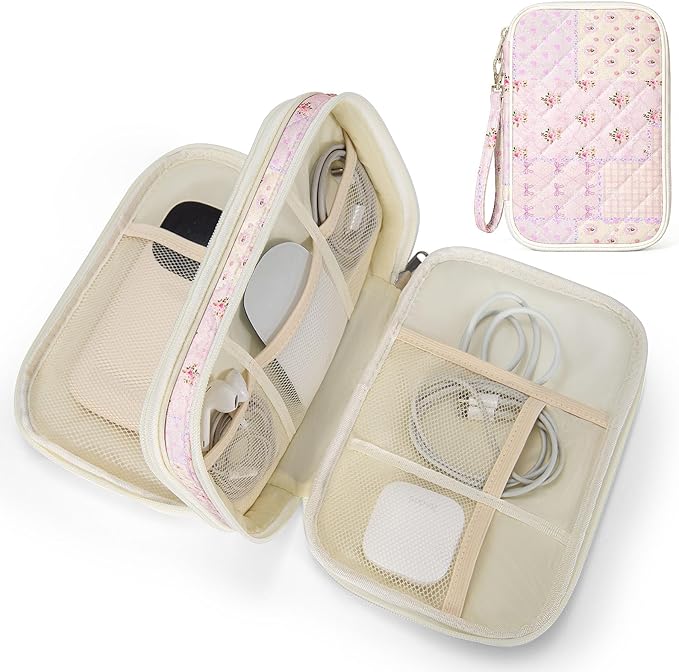 Quilted Travel Cable Organizer Pouch, Portable Electronic Accessories Carry Case, Double Layer All-in-One Storage Bag for Chargers, Cords, Phone, Gadgets (Purple Patchwork)