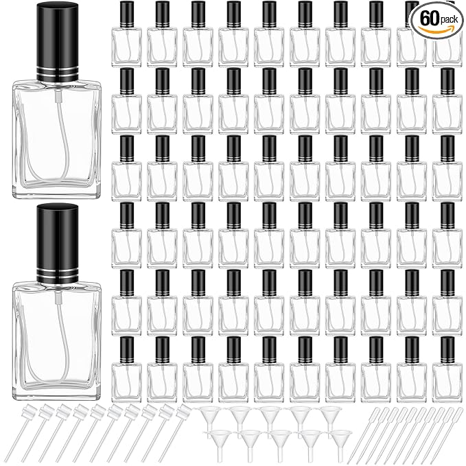 Domensi 60 Pcs 10/15/30/50 ml Glass Perfume Bottles Mini Glass Empty Spray Atomizer Bottles Bulk Refillable Perfume Dispenser Container with Pump Tool for Travel Skin Care (15 ml,Black)