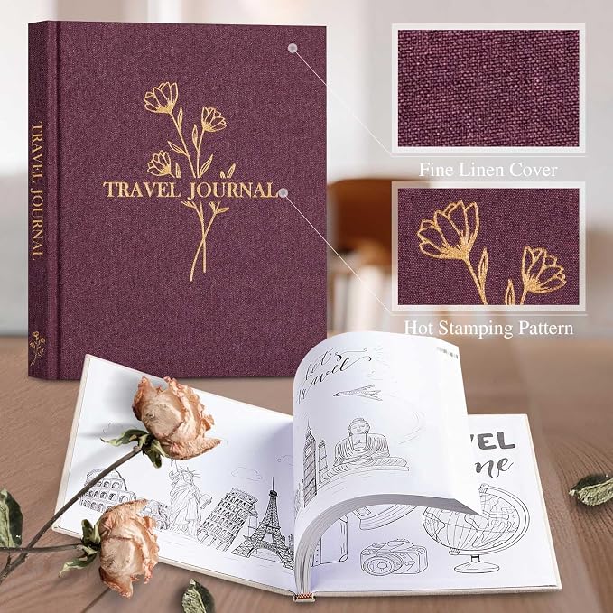 Lanpn Travel Photo Journal Notebook for Women Men, Linen Travel Log Diary Scrapbook Memory Book with Prompts, Anniversary Journals Traveling Gifts (Burgundy, 110 Pages)