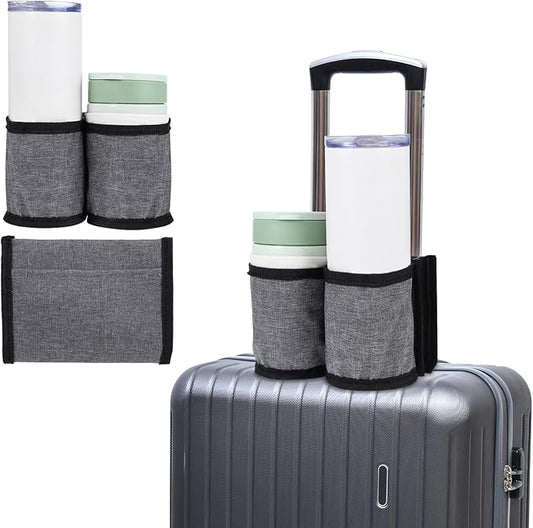 oruola Travel Cup Holder for Luggage,Luggage Travel Cup Holder with 2 Coffee Mugs Tightening Drawstring, Luggage Cup Holder for Flying & Travelers for Flight Attendants, Business, Travelers Grey