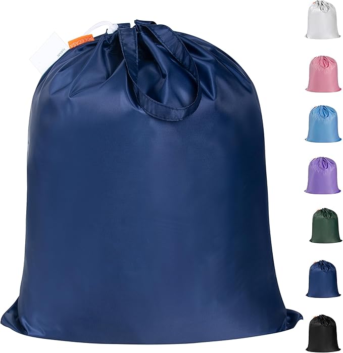 Polecasa Extra Heavy-Duty Laundry Bag 21x24”- Machine Washable Small Storage Bag with Reinforced Handles & Drawstring Closure & ID Tag for College Dorm Travel -Navy