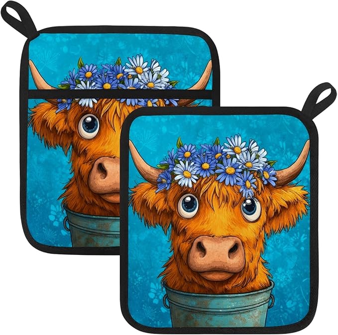 Highland Cows and Vintage Blue Pot Holders with Pockets 2 PCS, Heat Resistant Oven Mitts Hot Pads for Kitchen Baking Cooking, Square Thick Pot Holders Kitchen Hot Potholders, 8.5x10 Inches
