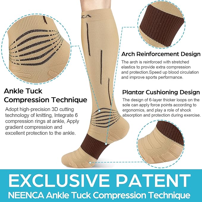 NEENCA Compression Socks, Striped Medical Athletic Calf Socks for Injury Recovery & Pain Relief, Sports Protection—1 Pair, 20-30 mmhg