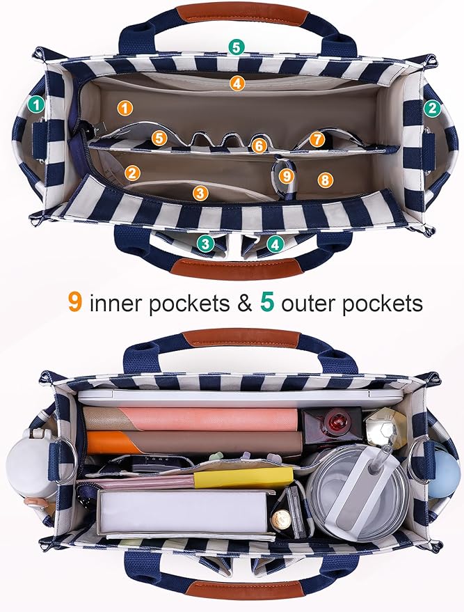 FIORETTO Womens Canvas Tote Bag Purse with Individual Compartment, Zipper Top, Reinforced Bottom & Luggage Sleeve