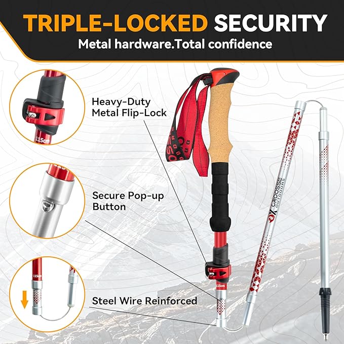 Collapsible Trekking Poles for Hiking - Lightweight Adjustable Aluminum Folding Hiking Poles, Cork Grip Walking Sticks for Seniors, Women & Men (2 Pack)