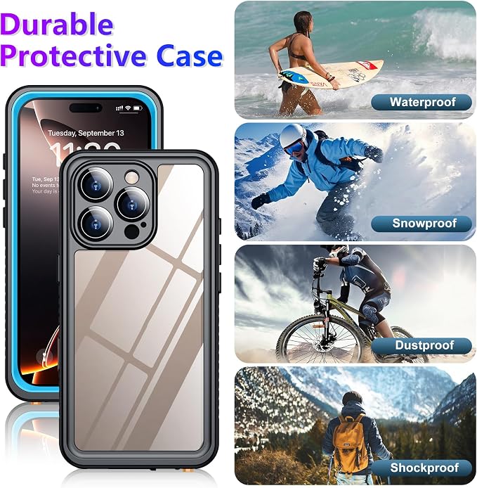 Compatible with iPhone 16 Pro Max Case Waterproof, Built-in Screen & Camera Protector IP68 Underwater Full Body 16FT Military Dropproof Shockproof Phone Case 6.9"-Blue/Clear