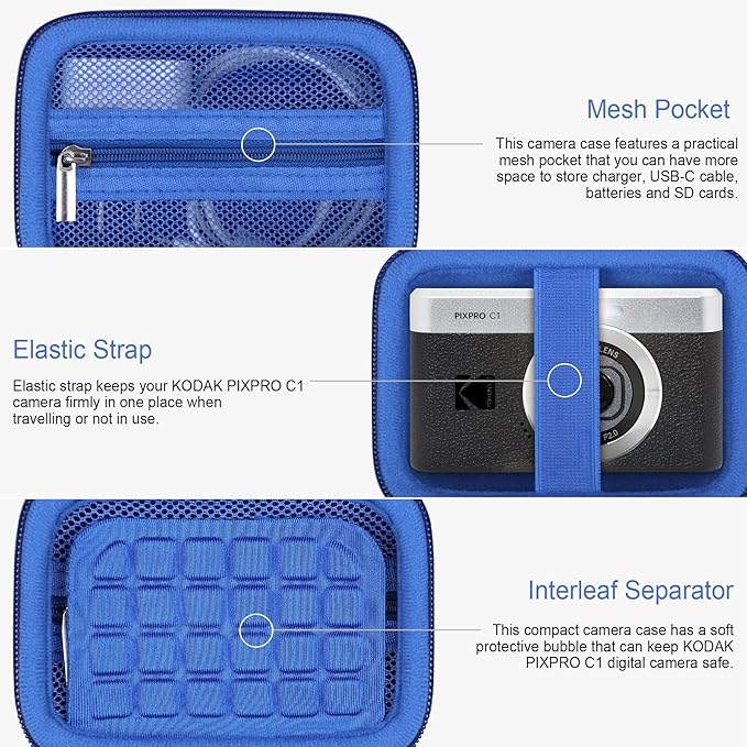 RAIALL Carrying Case for KODAK PIXPRO C1 Friendly Zoom Digital Camera, Point and Shoot Vlogging Camera Hard Travel Bag, Mesh Pocket for Charging Adapter, SD Card, USB Cable and Batteries, Blue