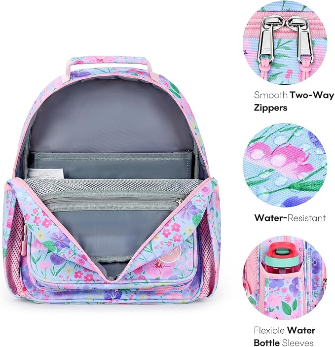 mibasies Kids Backpack for Girls: Girls Backpack 5-8 - Kindergarten Elementary School Bookbag for Girl - Flower Light Blue