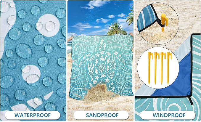 WIWIGO Beach Blanket Waterproof Sandproof Beach Mat 79" X 83"/10'x9'for 2-8 Adults Quick Drying Outdoor Picnic Mat Beach Accessories for Travel, Camping, Hiking