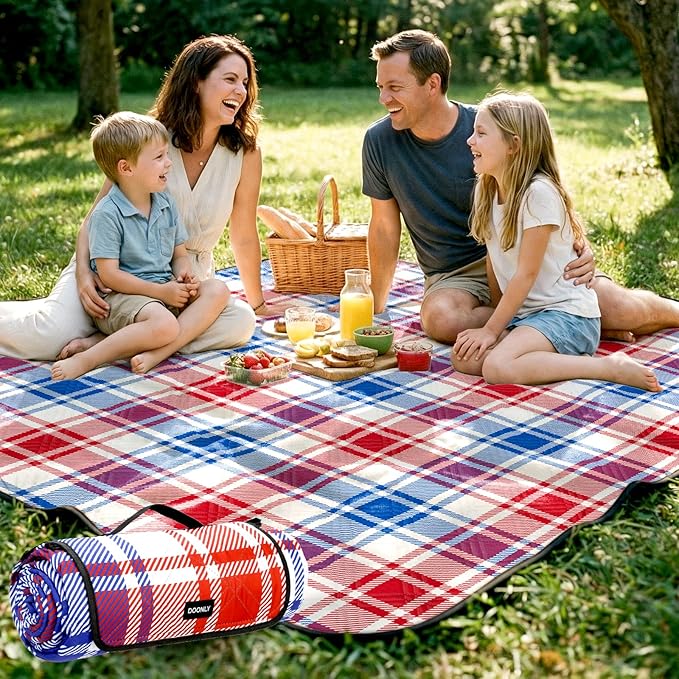 Doonly Picnic Blanket, 78" x 78" Large Waterproof Sandproof Beach Blanket, Foldable Outdoor Blanket Picnic Mat for Beach, Camping, Park, Grass, Lawn, Travel, Patriotic Red White and Blue