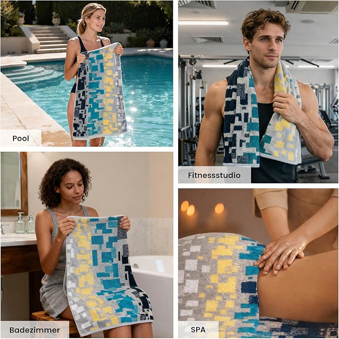 SEMAXE Bath Towel Set, 12 Piece Cotton Towel Set for Bathroom, More Towels for Family Use, Quick Dry with Hanging Loops, Easy Care, Geometric Pattern