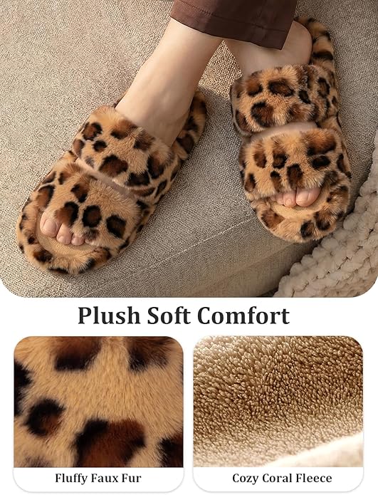 FamilyFairy Women's Fluffy Faux Fur Slippers Comfy Open Toe Two Band Slides with Fleece Lining and Rubber Sole