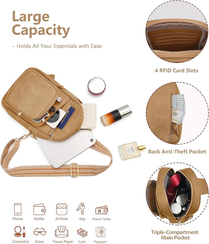 Anti Theft Crossbody Bags for Women,RFID Sling Bag Travel Purse,Vegan Leather Cross Body Purses Chest Bag for Travel(khaki)
