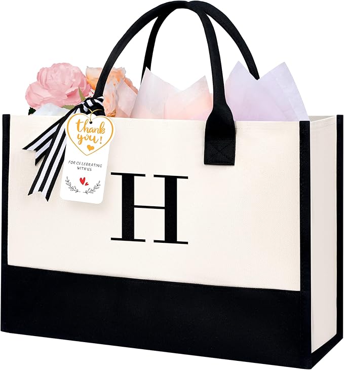 BAGAIL Initial Tote Bag, Personalized Birthday Gifts for Women, Teacher, Friends, Mom, Wedding, Monogrammed Beach Bag