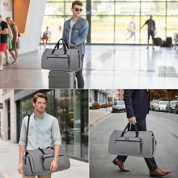 Garment Bag for Travel, Large Convertible Carry on Garment Duffel Bag for Men Women with Shoe Compartment, 2 in 1 Hanging Dress Suitcase Suit Travel Bags, Grey
