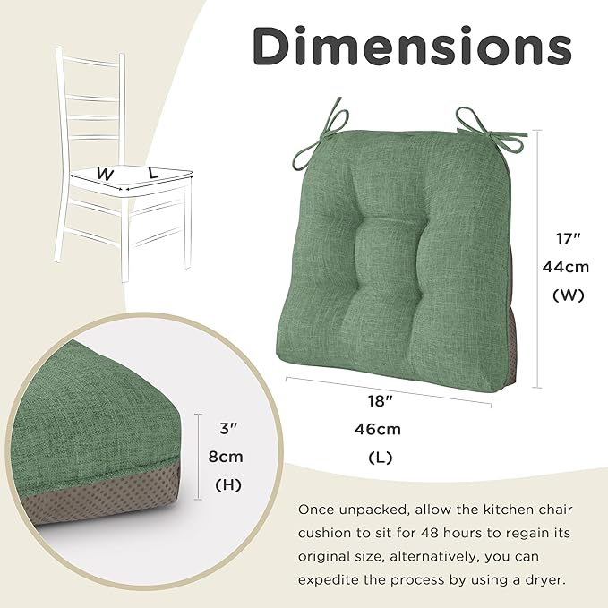 AddGrace Chair Cushions for Dining Chairs Set of 4 Kitchen Seat Cushions with Ties and Non Slip Backing Tufted Indoor Seat Pad for Kitchen Dining Room 18" x 17" x 3" Sage Green